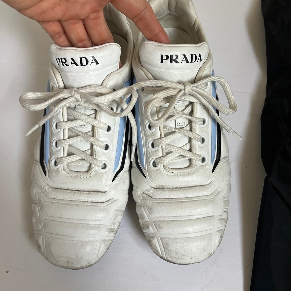 Prada womens White Leather Sneakers with Light Blue and Black Accents size 36 - Picture 12 of 13